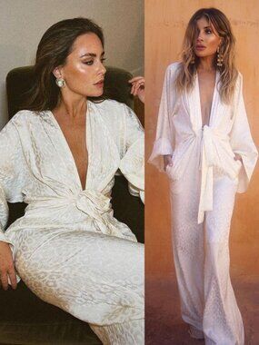 Rat & Boa Bianco Kimono Jumpsuit Satin White‎ Animal Print Wide Leg Size XS